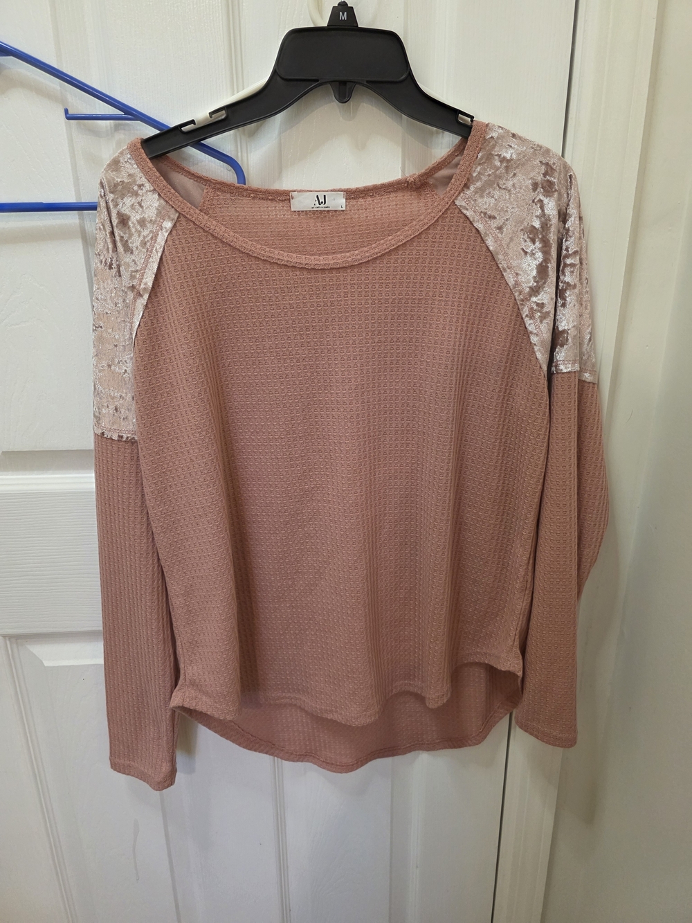 Amelia James Dusty Rose Waffle Knit Velvet Shoulder Top